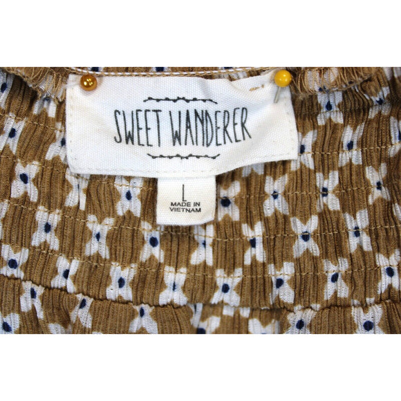 Sweet Wanderer Off Shoulder Top Floral Tan Short Slit Sleeve Women L Boho Chic - Picture 13 of 13